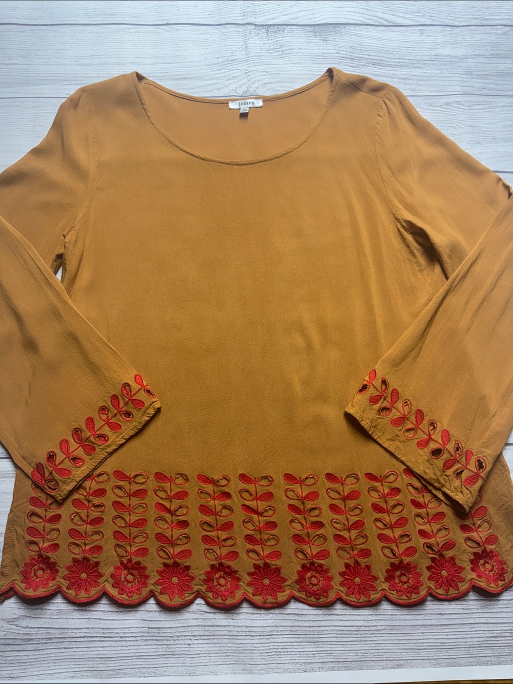 JODIFL Mustard Tunic with Red Embroidered Hem & Cuffs